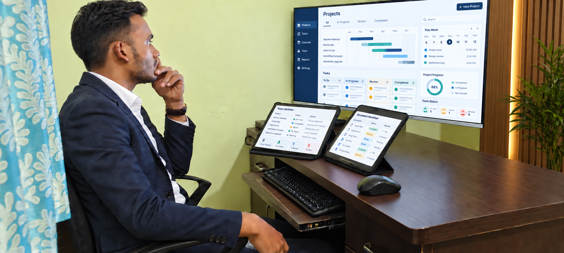 MD Haroon Rashid reviewing projects at a professional multi-screen digital operations workstation